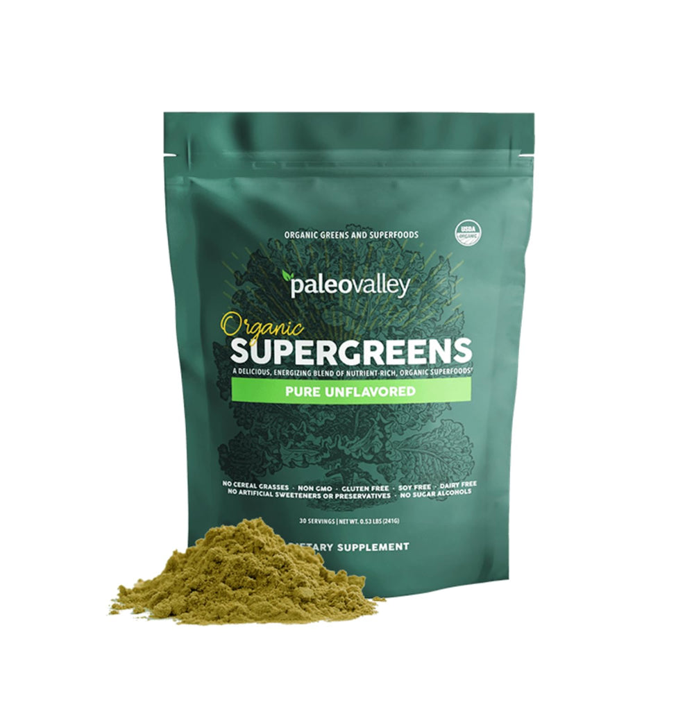 Paleovalley Organic Supergreens bottle pour shows convenient daily energy support.