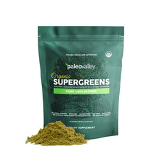 Paleovalley Organic Supergreens bottle pour shows convenient daily energy support.