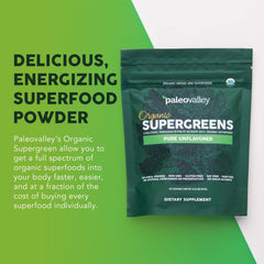 Paleovalley Organic Supergreens closeup powder texture suggests smooth absorption.