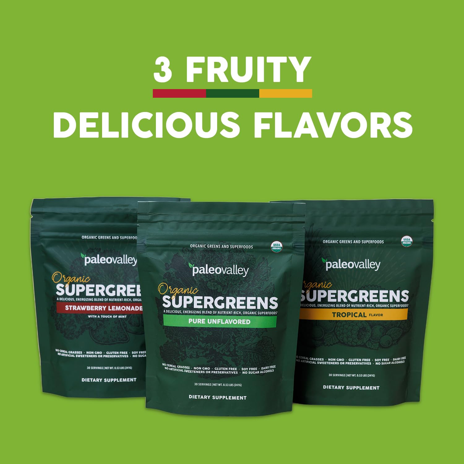 Paleovalley Organic Supergreens powder scoop highlights easy mixing into beverages.