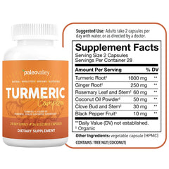 Close-up of Turmeric Complex capsules next to bottle