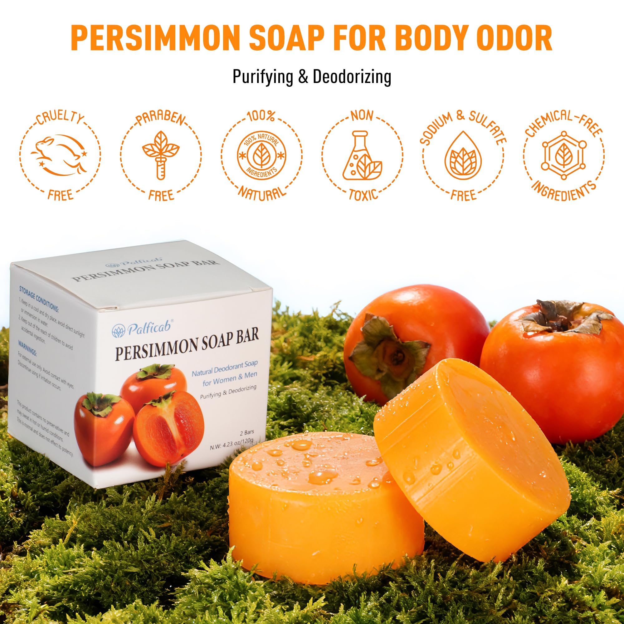 PALFICAB persimmon soap bubble lather close-up emphasizing natural cleansing.