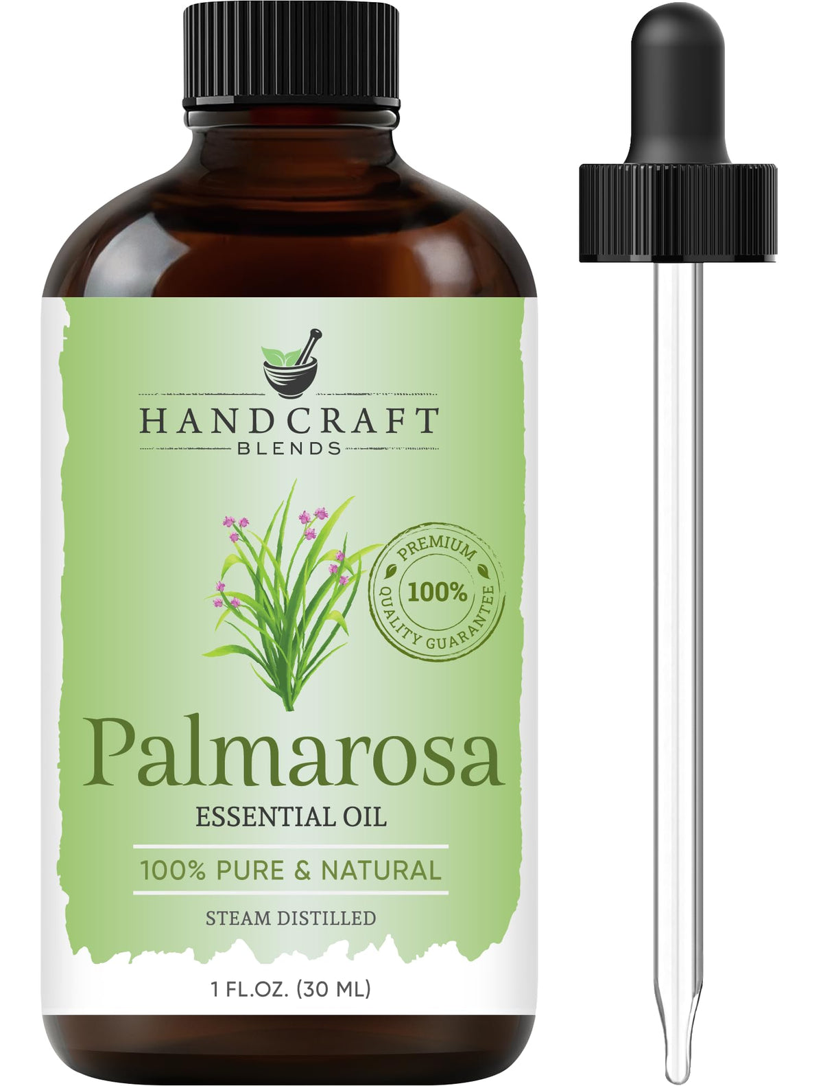 Palmarosa essential oil in an amber glass bottle (1 oz)