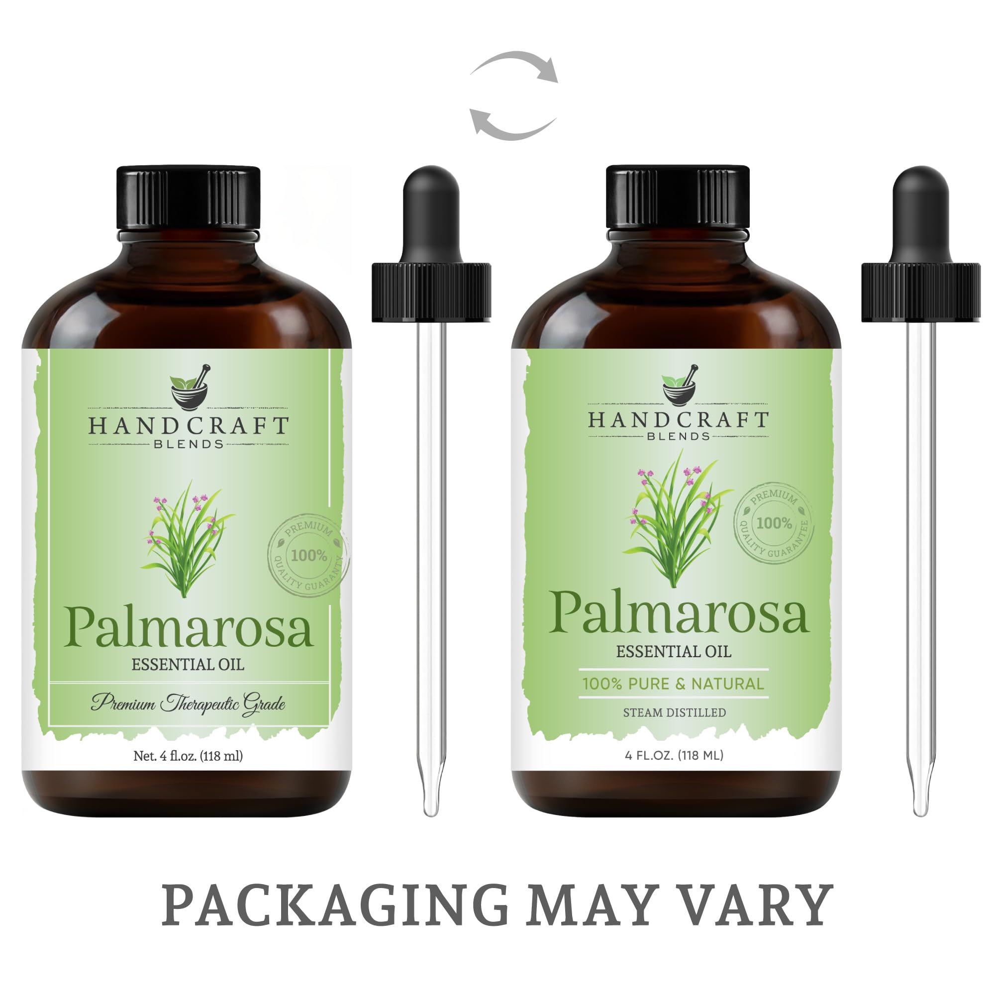 Close-up of Palmarosa oil in a 4 oz bottle