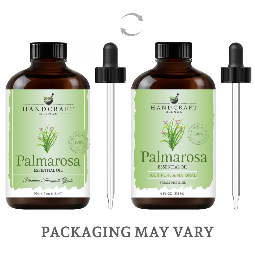 Close-up of Palmarosa oil in a 4 oz bottle