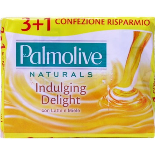 Palmolive Indulging Delight Milk and Honey bar soap close-up, soothing moisture for all skin types.