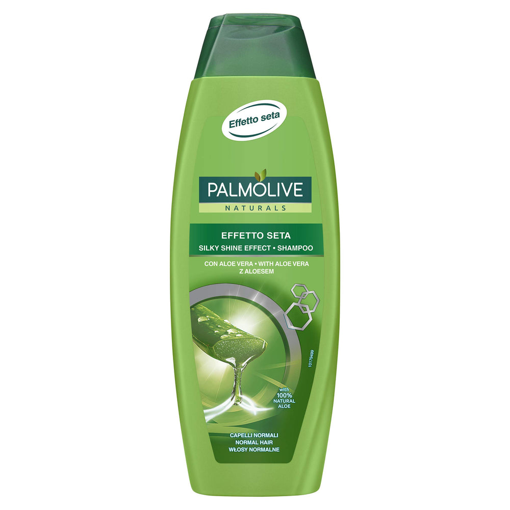 Palmolive Silky Shine Aloe Shampoo bottle front view shows 350ml size for daily hydration.