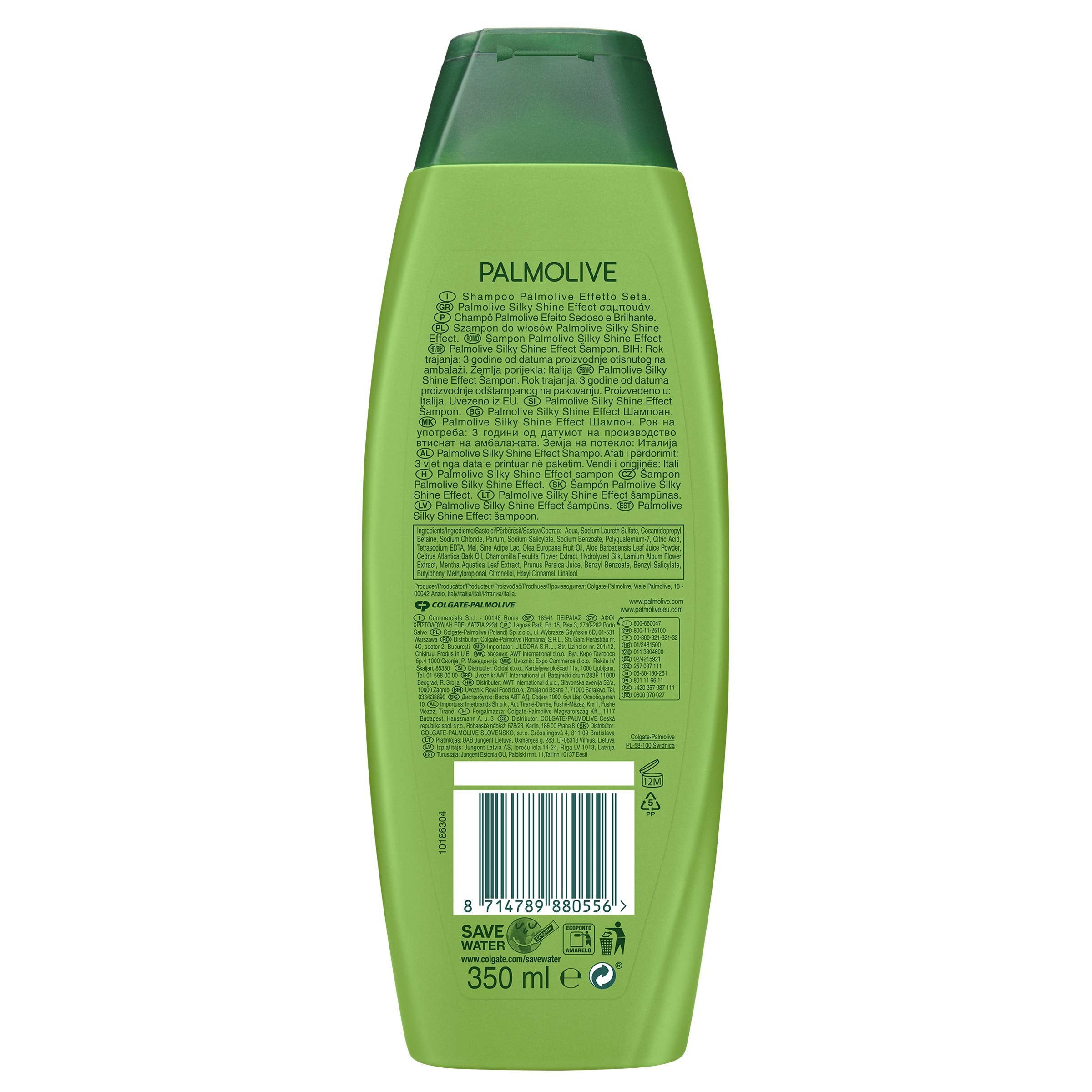 Palmolive Silky Shine Aloe Shampoo label closeup showcasing aloe formula for gentle cleansing.