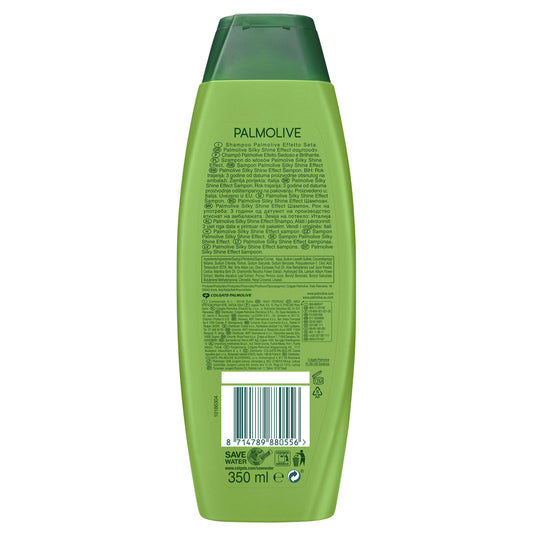 Palmolive Silky Shine Aloe Shampoo label closeup showcasing aloe formula for gentle cleansing.