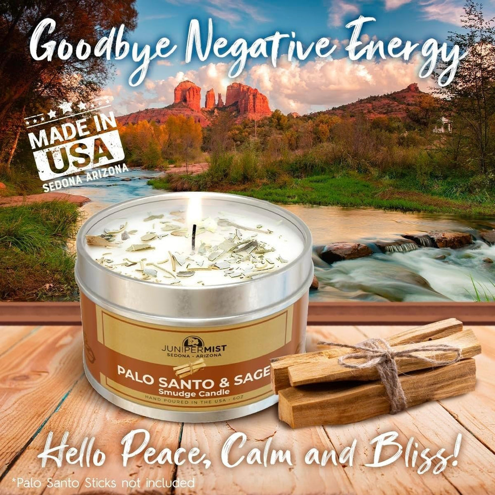 Lit Palo Santo & Sage Smudge Candle for cleansing negative energy