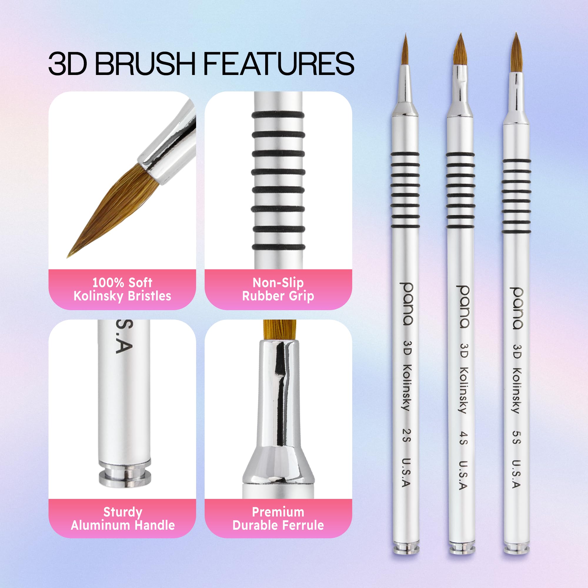 PANA 3D Kolinsky brush close-up showing durable metal cap.