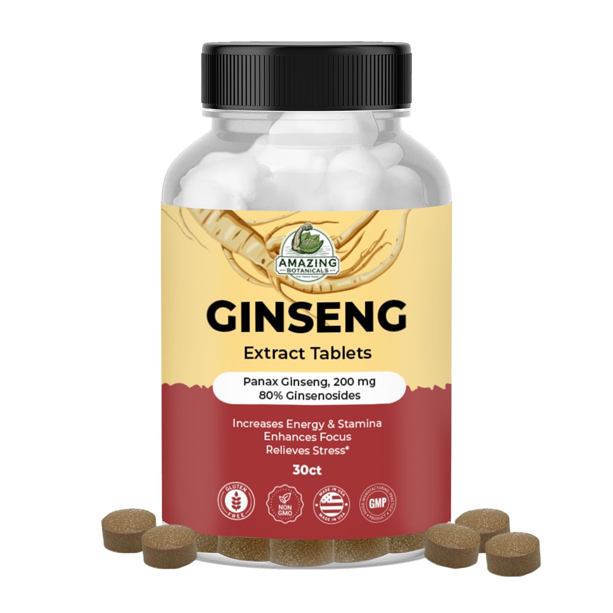 Front view of Panax Ginseng extract tablets with 200mg dosage