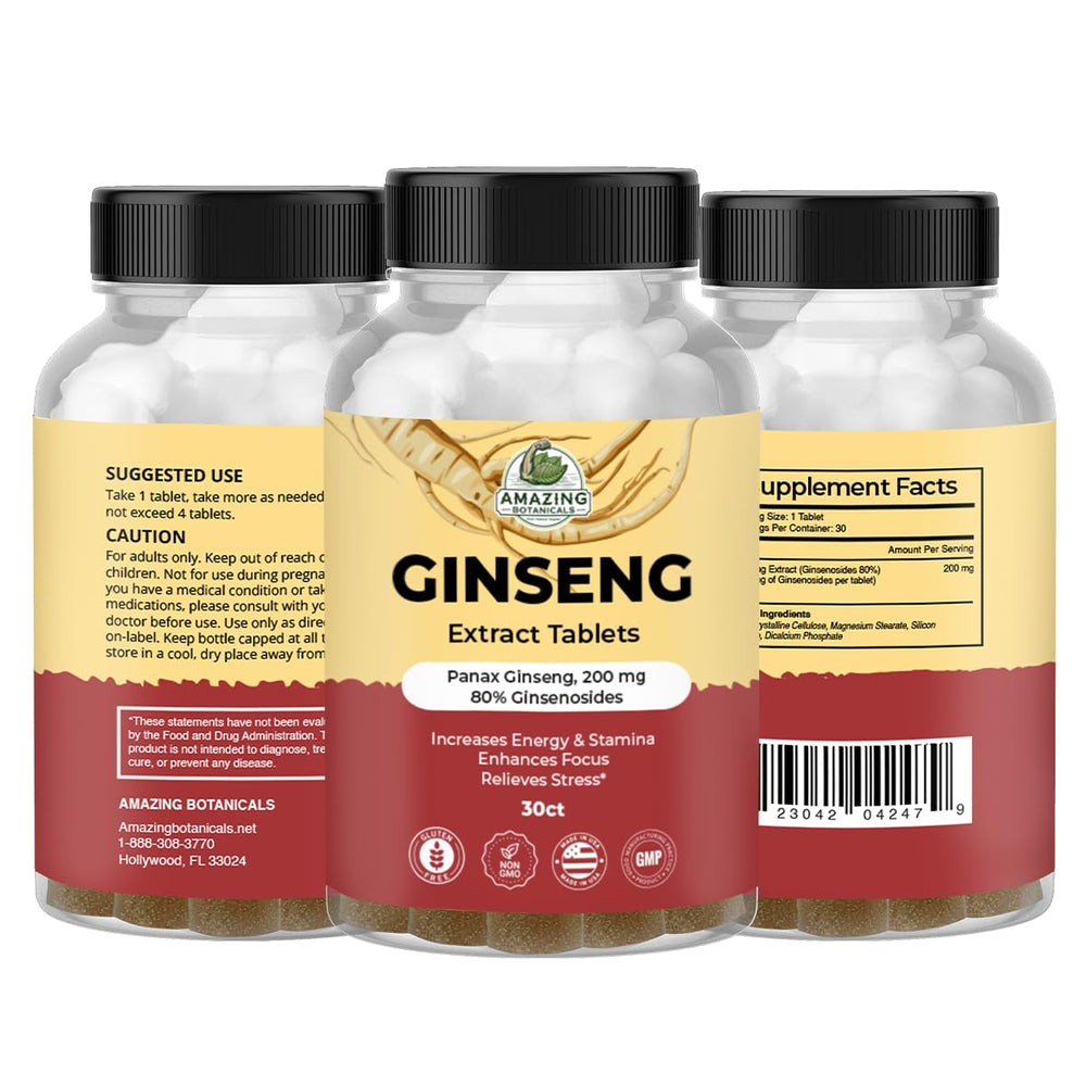 Bottle packaging of Amazing Botanicals Panax Ginseng Extract Tablets