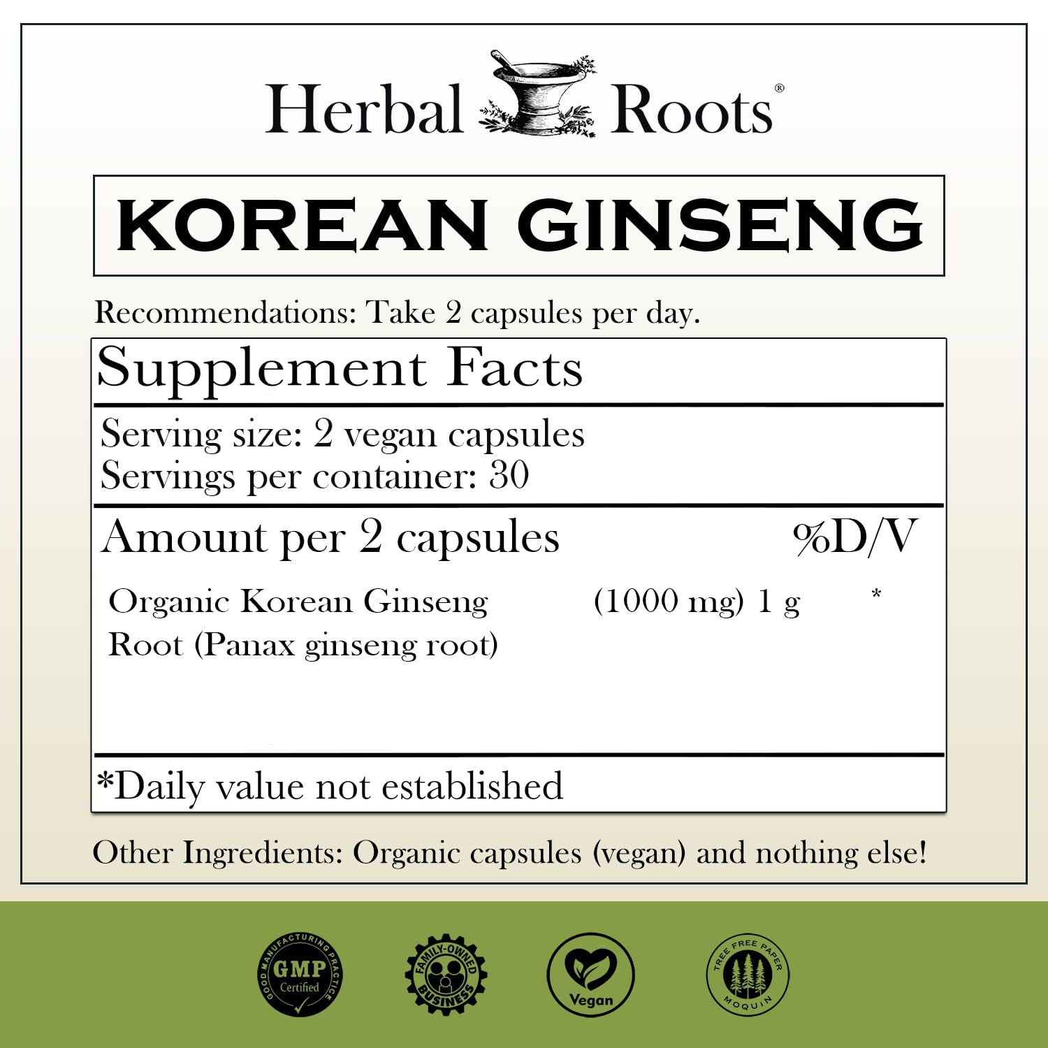 Panax ginseng powder organic Korean 1000mg packaging