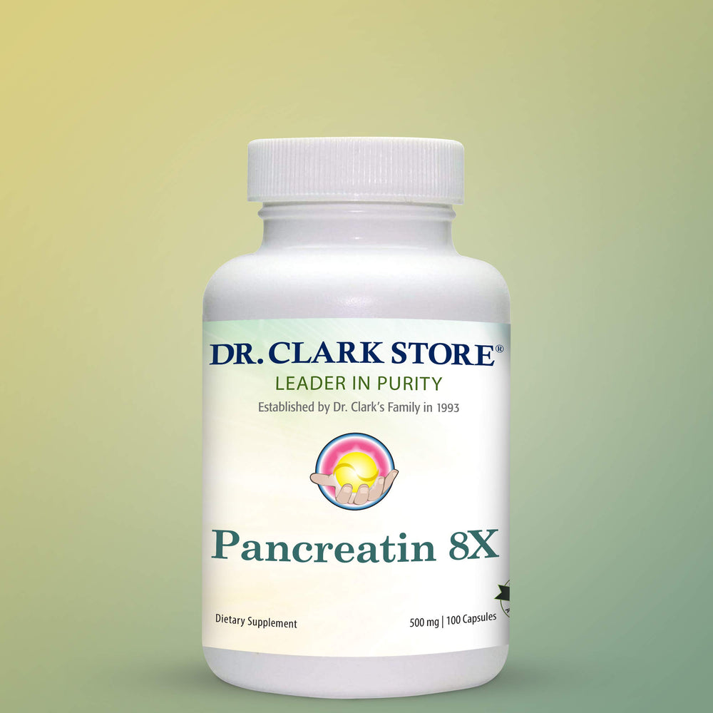 Digestive enzymes label highlighting pancreatin 8X