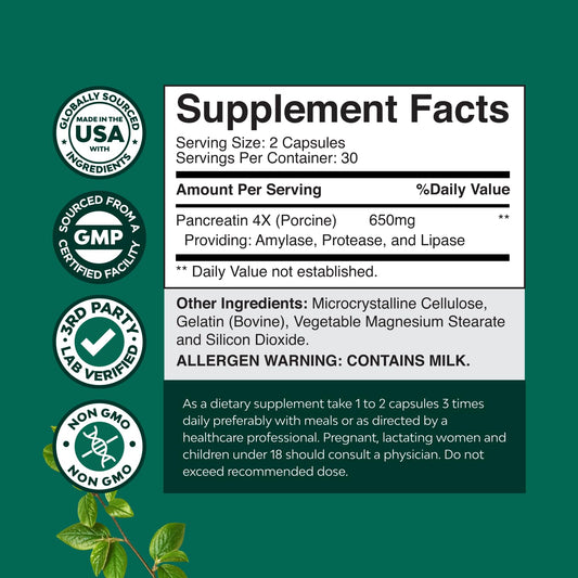 Close-up of Pancreatin label showing GMP and Non-GMO