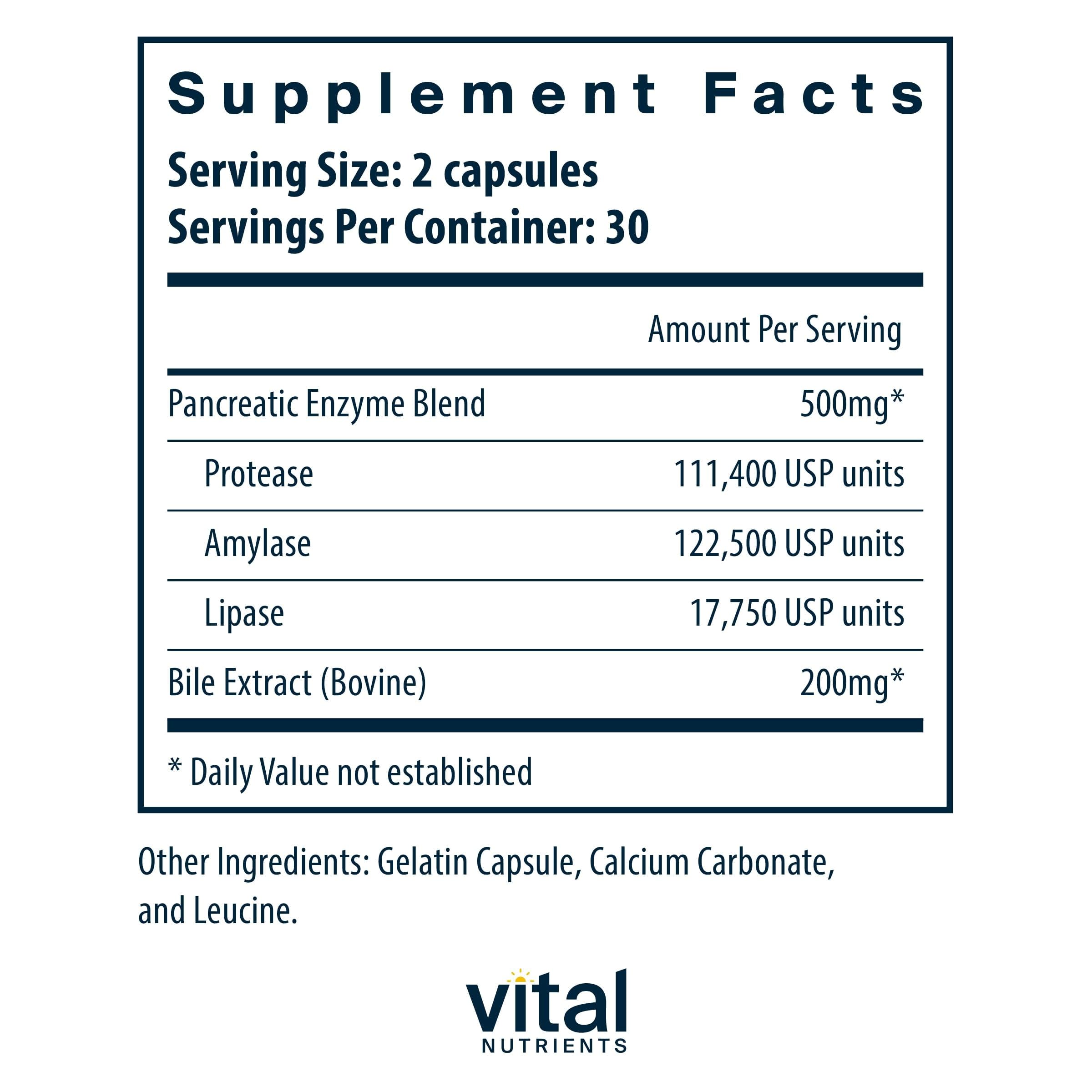 Label showing pancreatin enzymes and ox bile extract details