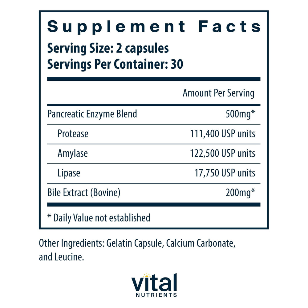 Label showing pancreatin enzymes and ox bile extract details