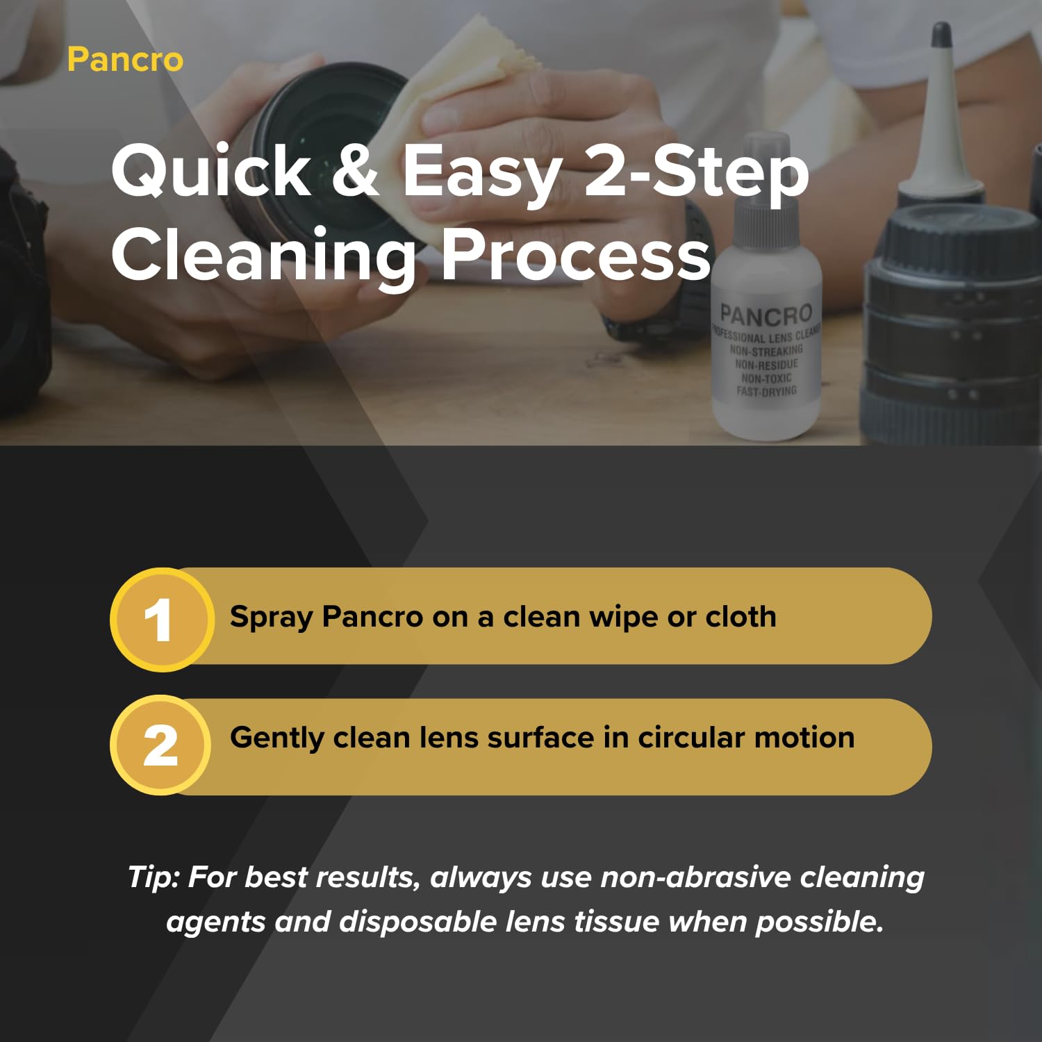 Glasses being cleaned with Pancro lens cleaner