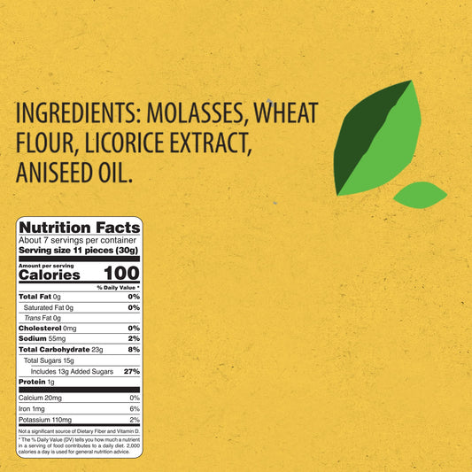 Ingredients include licorice root extract, wheat flour, molasses and aniseed oil