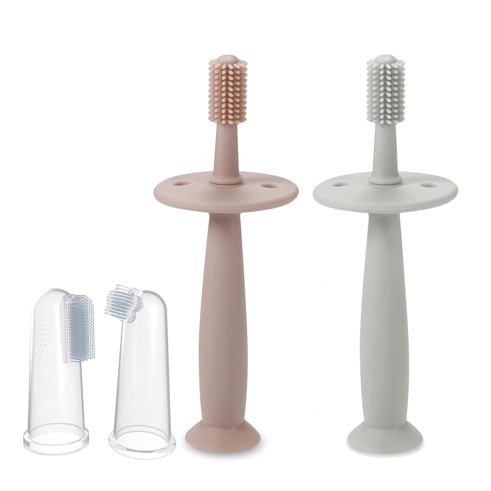 Rear view of PandaEar Baby Finger Toothbrush in pink and blue