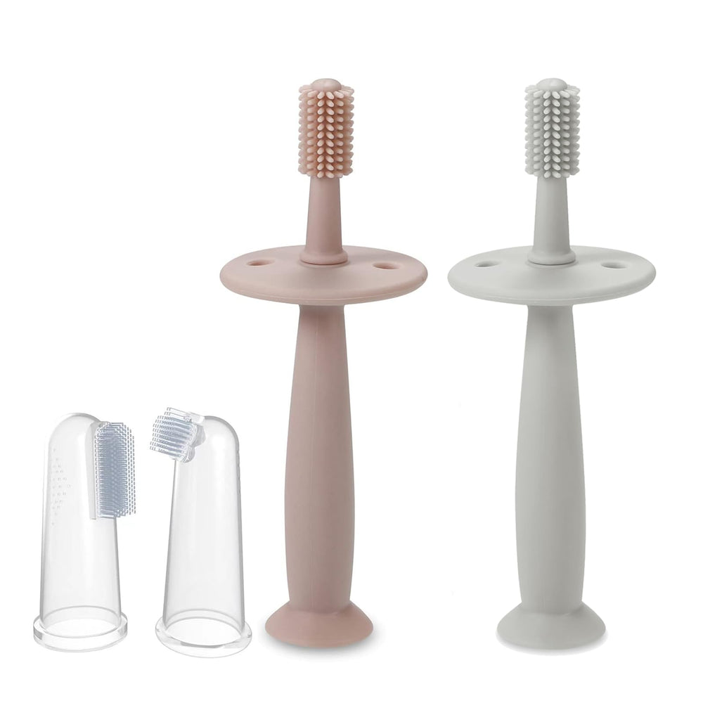 Rear view of PandaEar Baby Finger Toothbrush in pink and blue