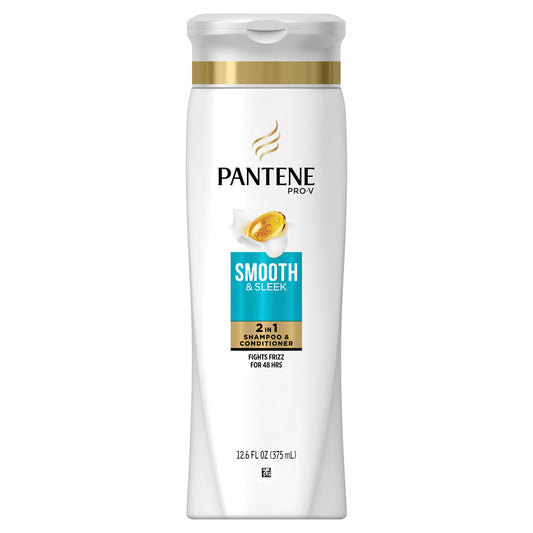 Pantene Pro-V Smooth & Sleek 2 in 1 bottle with argan and avocado oils for hydration.