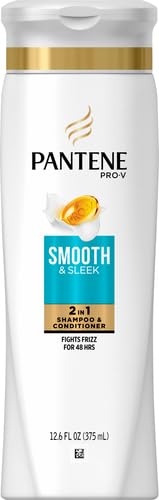 Closeup of Pantene Pro-V Smooth & Sleek 2 in 1 bottle emphasizing shine.