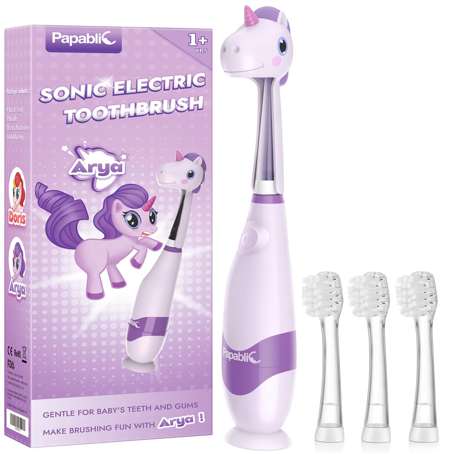 Papablic Arya toddler sonic toothbrush with unicorn cover