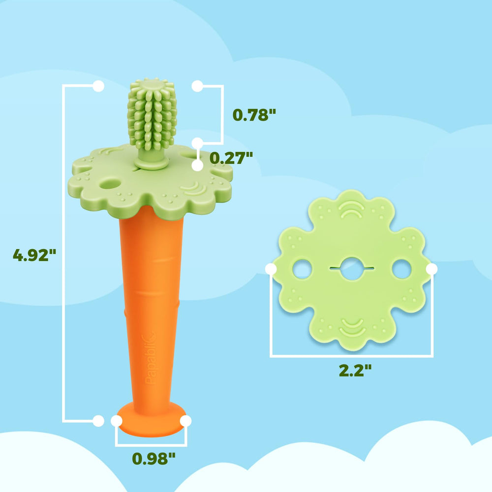 Close-up of carrot-shaped silicone teether detailing