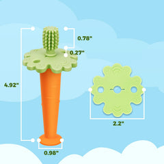 Close-up of carrot-shaped silicone teether detailing