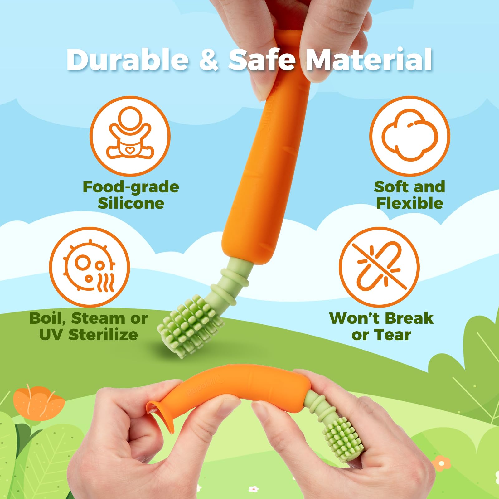 Toothbrush teether shown on suction base on flat surface