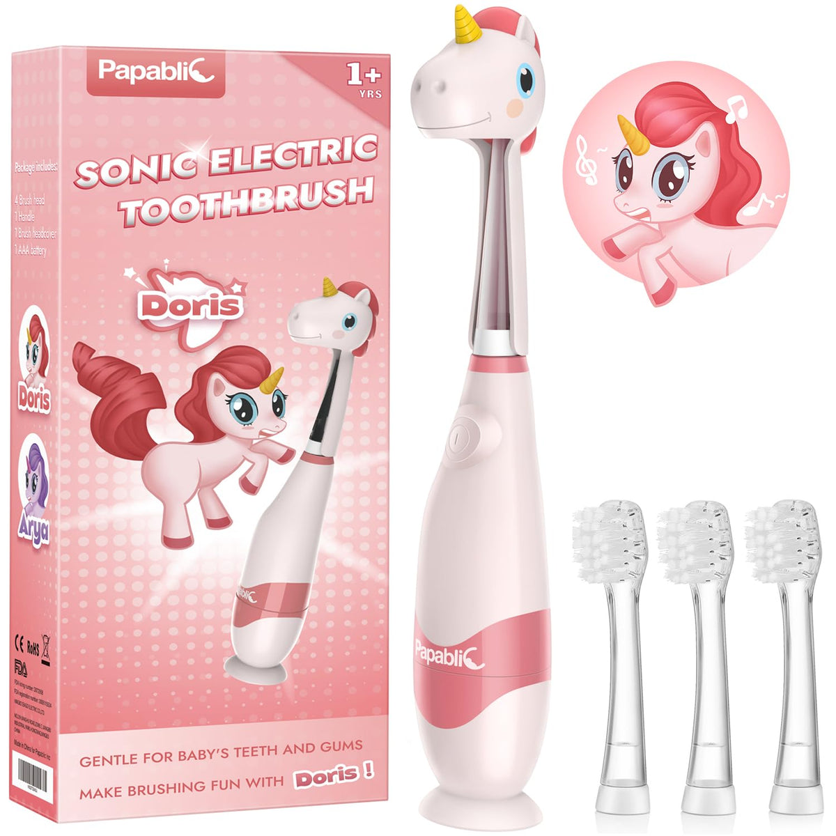 Doris toddler sonic toothbrush hero shot with unicorn cover