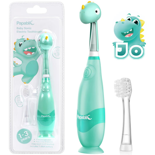 Papablic Jo toddler toothbrush with cute dinosaur cover