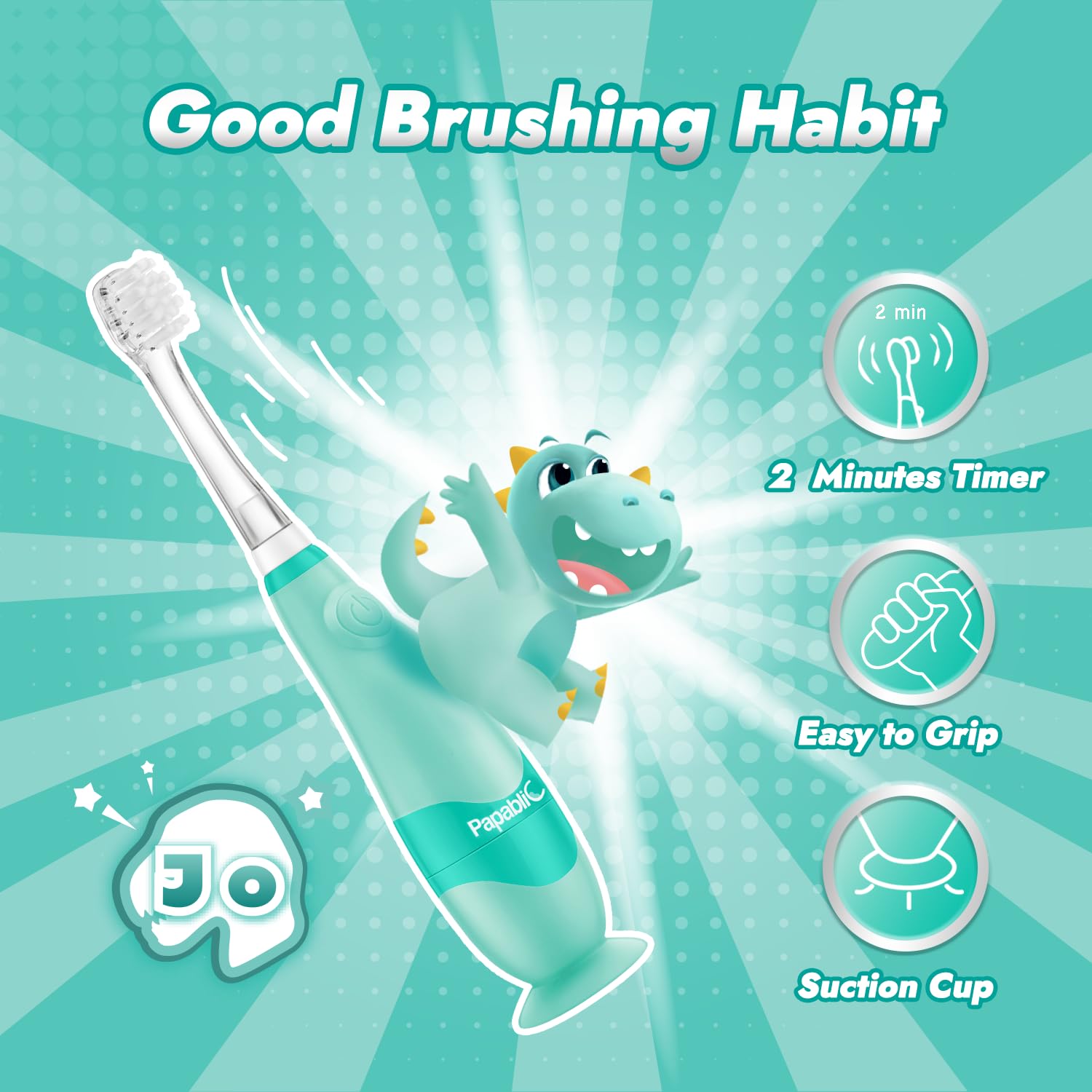 Packaging and batteries included for Papablic Jo toothbrush