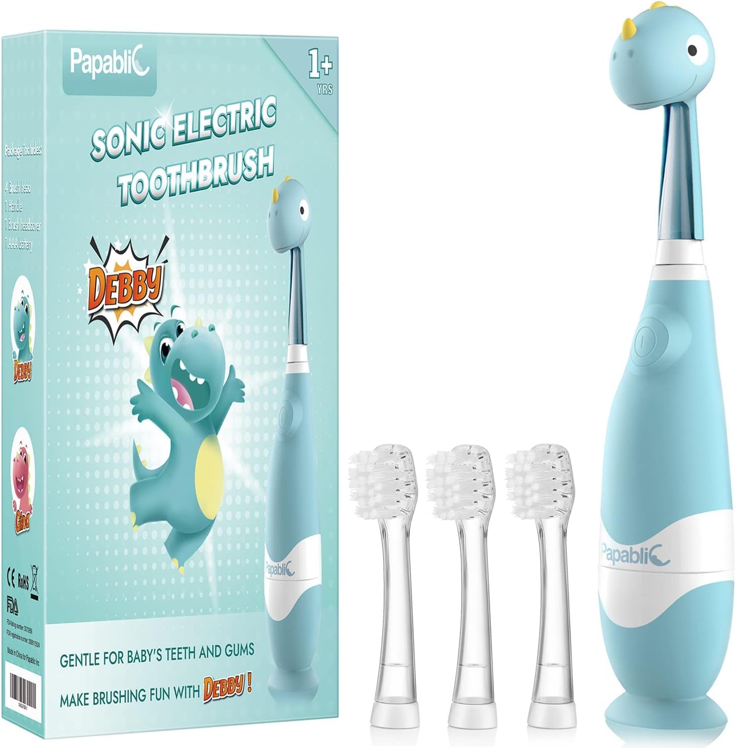 Main image: Papablic Debby toddler sonic toothbrush with dinosaur head cover