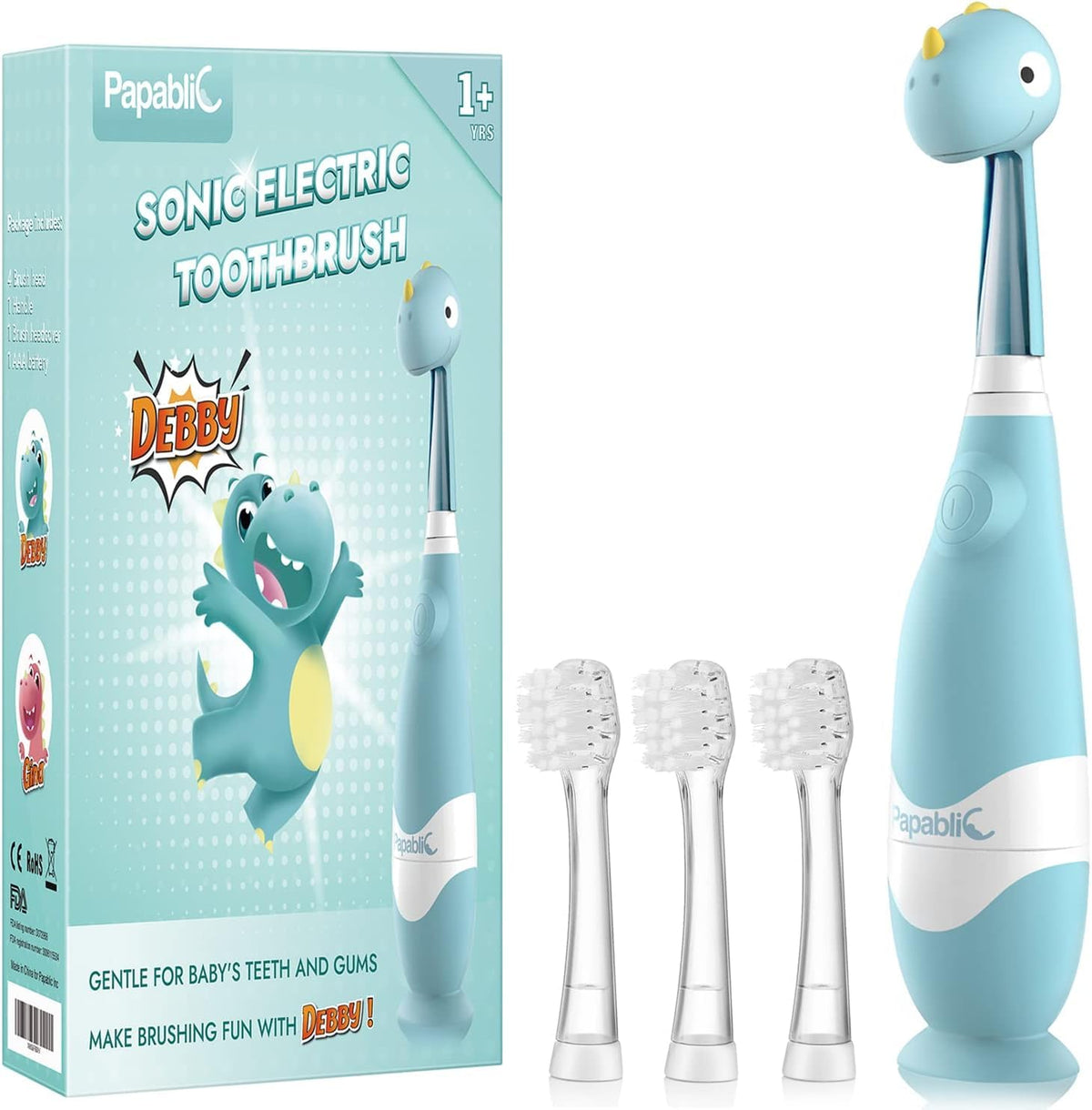 Main image: Papablic Debby toddler sonic toothbrush with dinosaur head cover