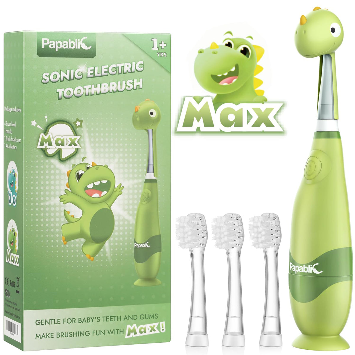 Cute dinosaur cover on Papablic toddler toothbrush