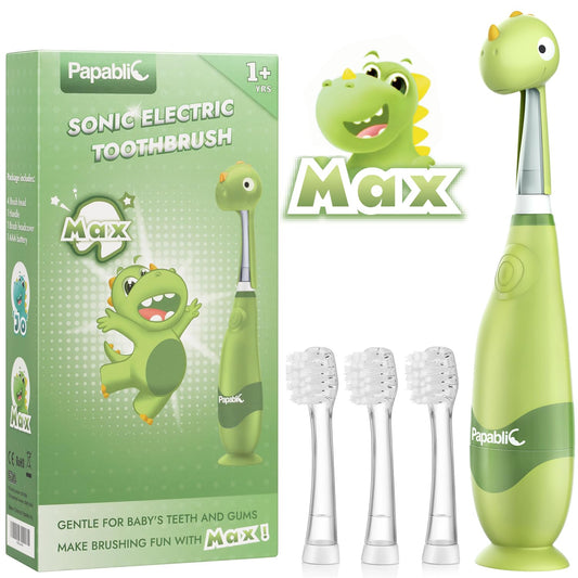 Cute dinosaur cover on Papablic toddler toothbrush