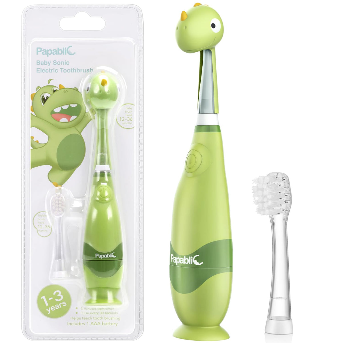 Papablic Max toddler sonic toothbrush with cute dinosaur cover and LED light