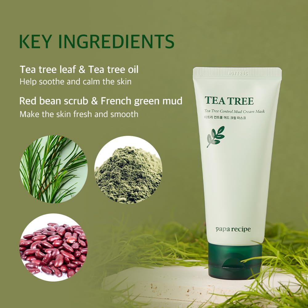 Papa Recipe Tea Tree Mud Mask spread shown for even coverage on skin.