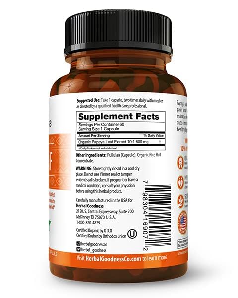 Ingredient label highlighting Organic Papaya Leaf Extract 10:1 and Organic Rice Hull Concentrates