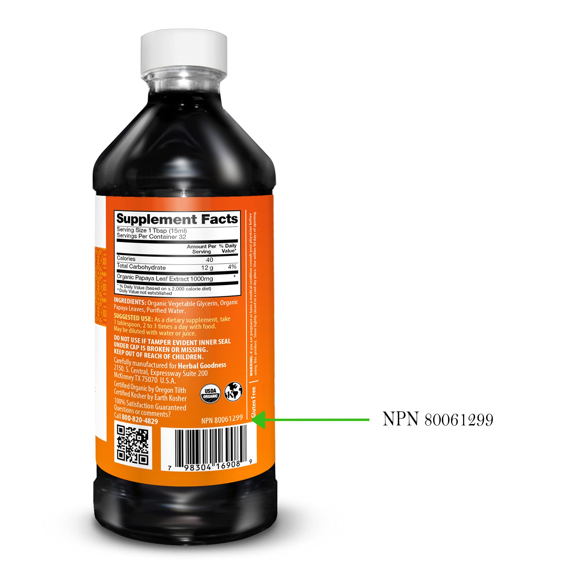 Close-up of 15X strength papaya leaf extract label