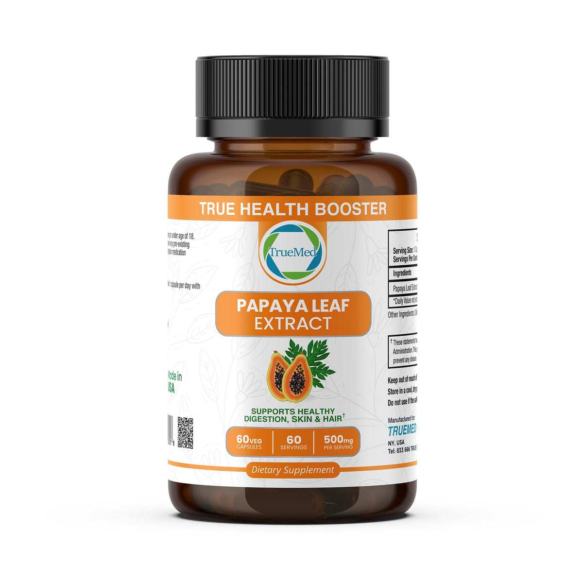 Bottle of Papaya Leaf Extract 500 mg capsules with 60-count label