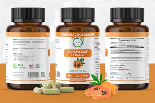Close-up of 500 mg papaya leaf extract capsules with 60-count bottle