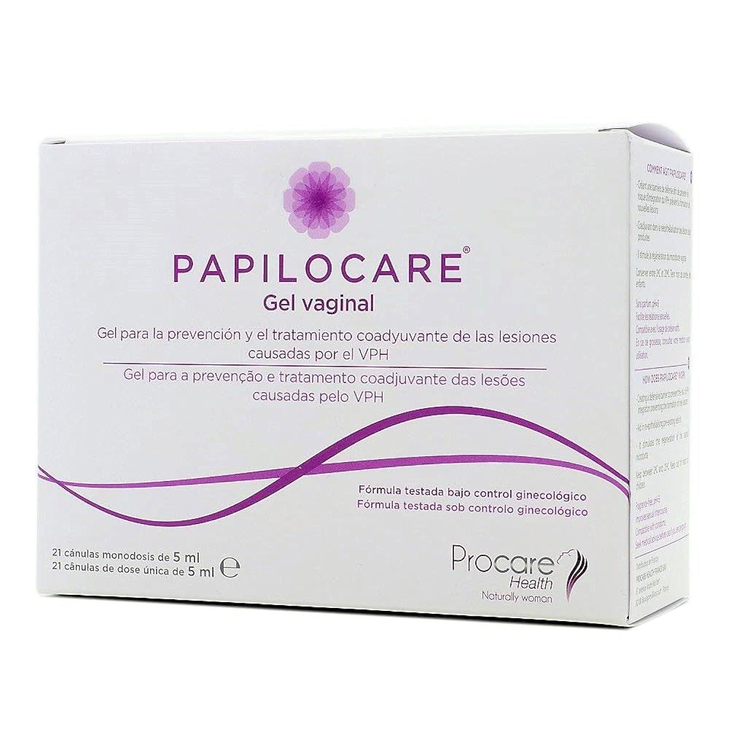 Papilocare vaginal gel packaging showing 21 sachets (5 ml each)