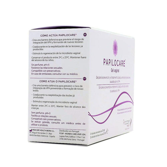 Close-up of Papilocare 5 ml sachet for vaginal gel