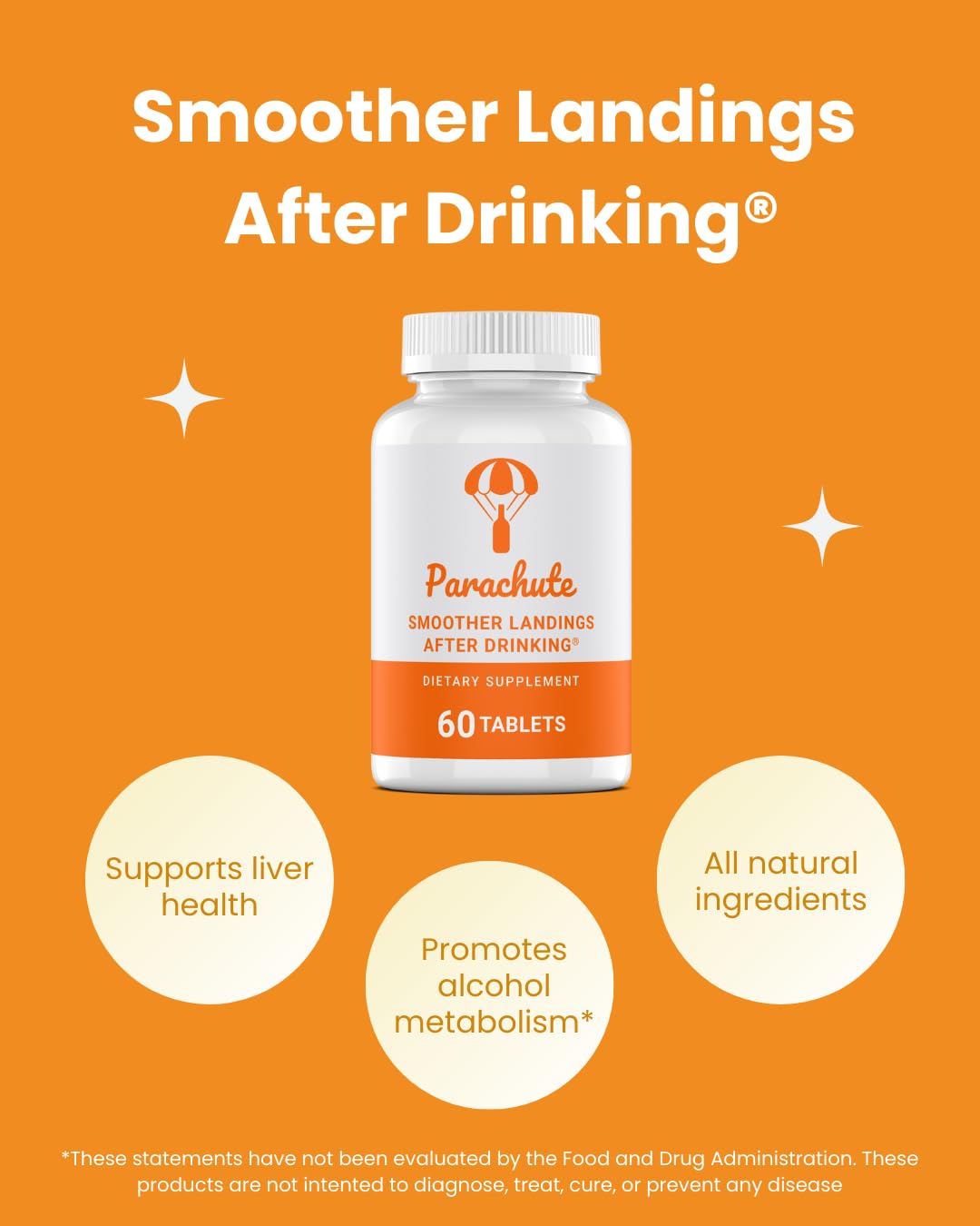 Parachute bottle closeup shows compact, easy-to-swallow tablets for responsible drinking.
