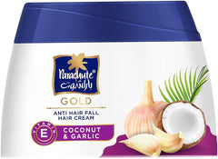 Parachute Gold anti-hairfall cream tub closeup highlights coconut oil conditioning