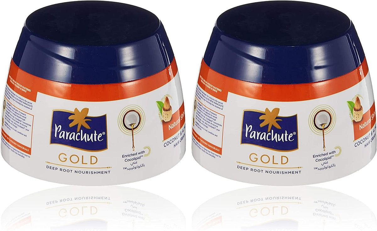 Parachute Gold Natural Shine Hair Cream bottle shows a smooth, glossy finish for shiny hair.